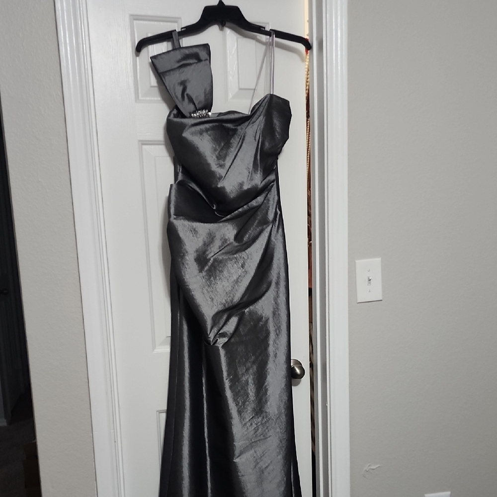Night Way Collections Silver Pleated Gown Spaghetti Strap